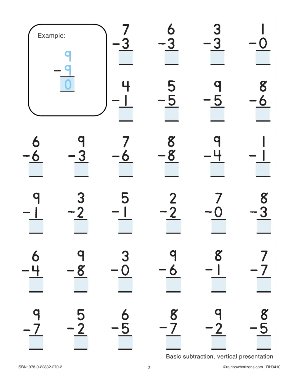Basic subtraction facts, vertical: worked example 9 - 9 = 0, then students solve 30 single-digit problems like 7 - 3