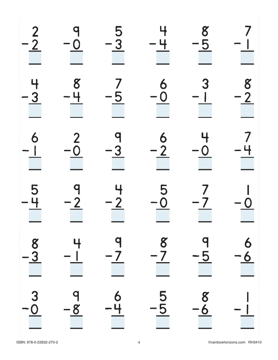 Vertical subtraction facts: students write differences for 36 single-digit problems starting 2 - 2, 9 - 0 and 5 - 3