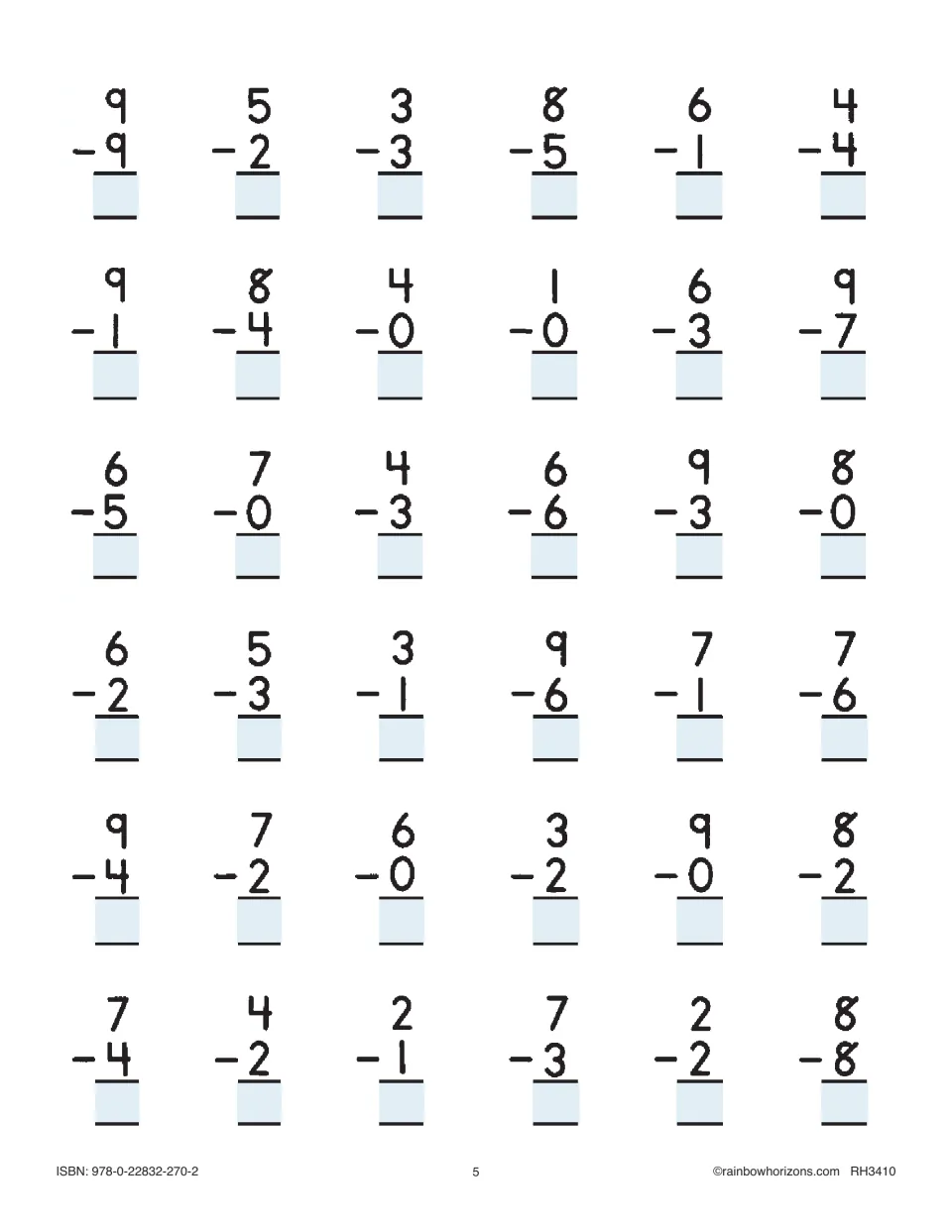 Single-digit subtraction in vertical form: 36 facts to solve, opening with 9 - 9, 5 - 2 and 3 - 3, including zero facts