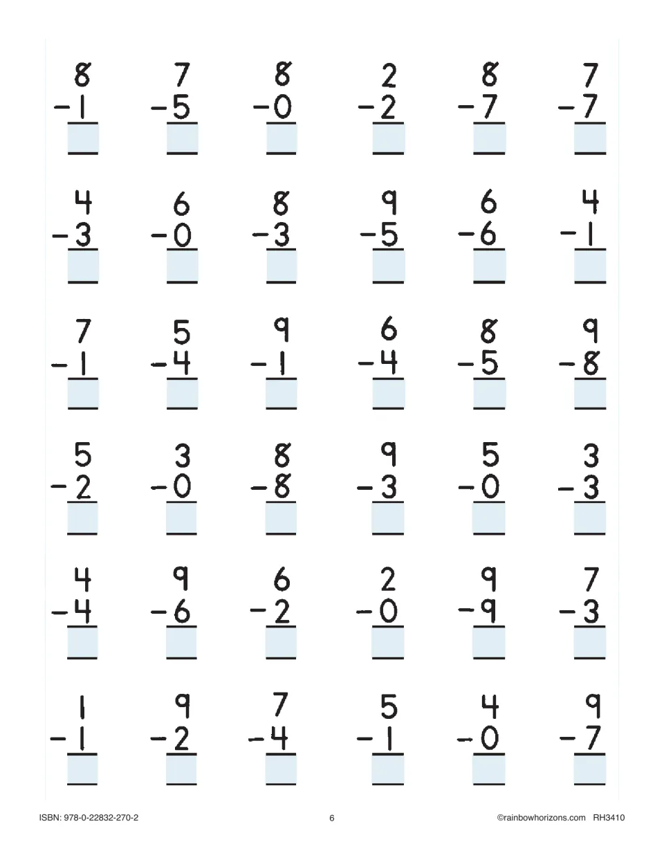 Subtraction facts practice: students find 36 differences in vertical problems beginning 8 - 1, 7 - 5 and 8 - 0