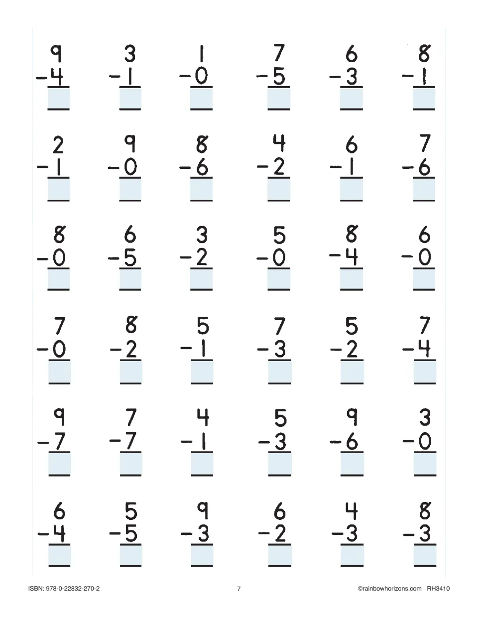 Vertical single-digit subtraction: 36 more facts for students to answer, starting with 9 - 4, 3 - 1 and 1 - 0