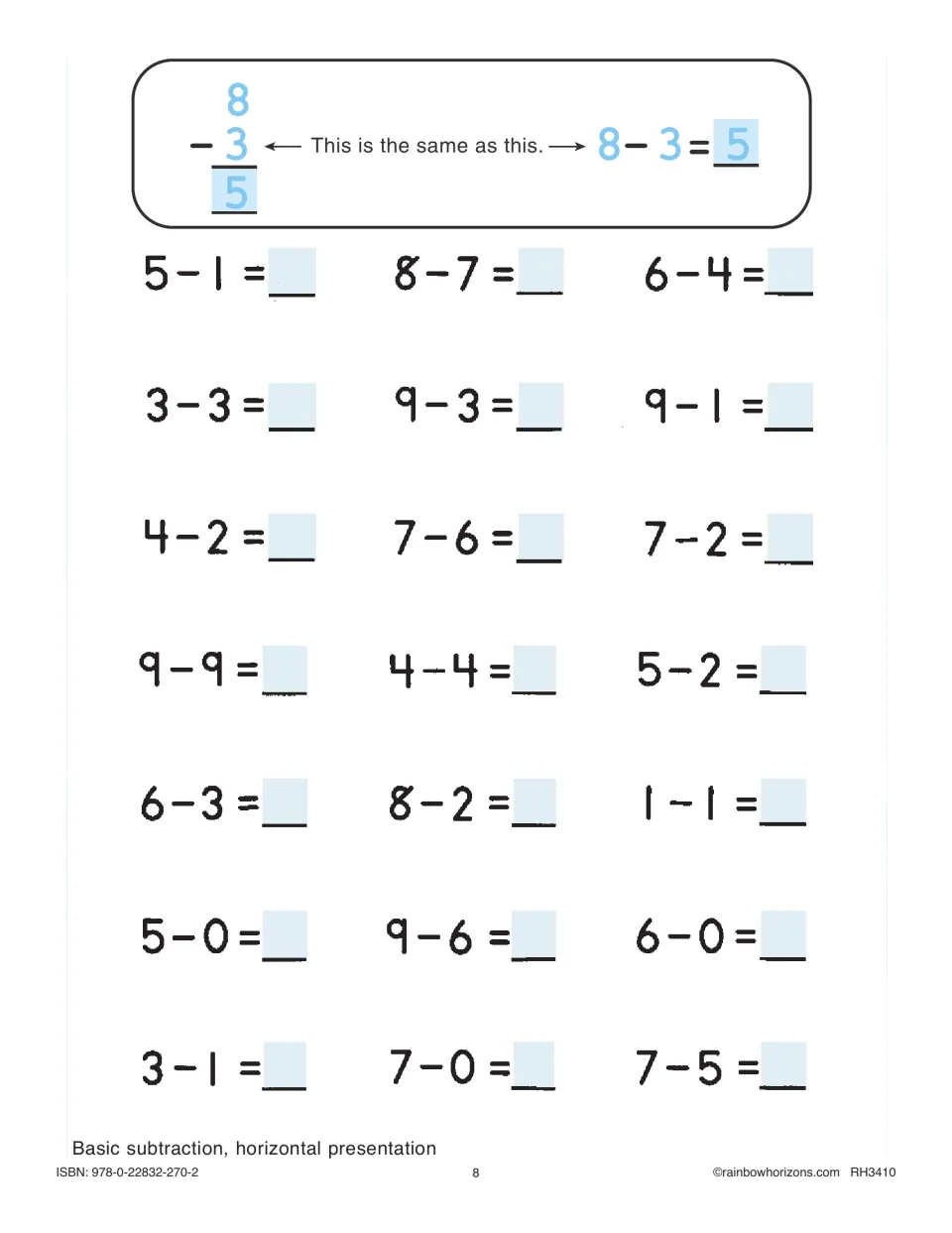 Basic subtraction, horizontal: example shows 8 - 3 = 5 written both ways; students solve 21 facts such as 5 - 1 and 8 - 7