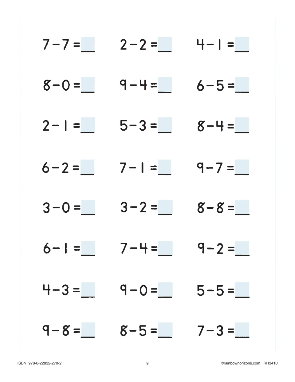 Horizontal subtraction facts: students fill in the difference for 24 number sentences beginning 7 - 7, 2 - 2 and 4 - 1