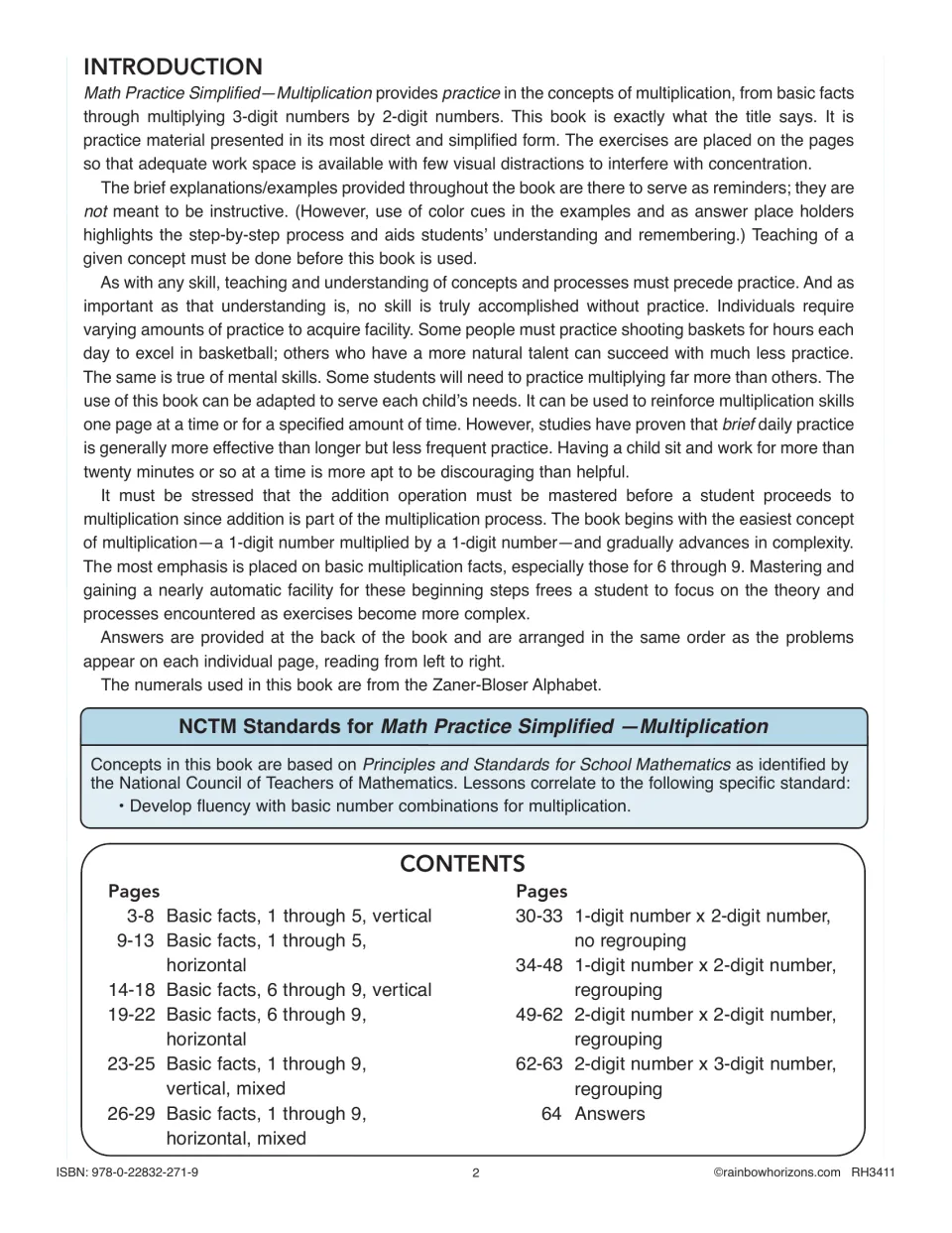 Introduction, NCTM fluency standard and contents: page ranges from basic facts to multiplying 2-digit by 3-digit numbers