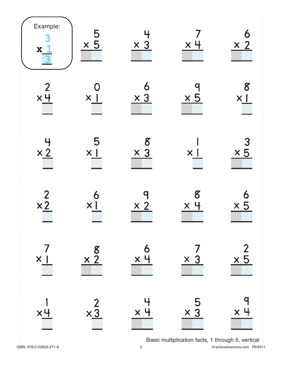 Basic multiplication facts 1 through 5, vertical: after a 3 x 1 = 3 example, students solve 29 problems like 9 x 4