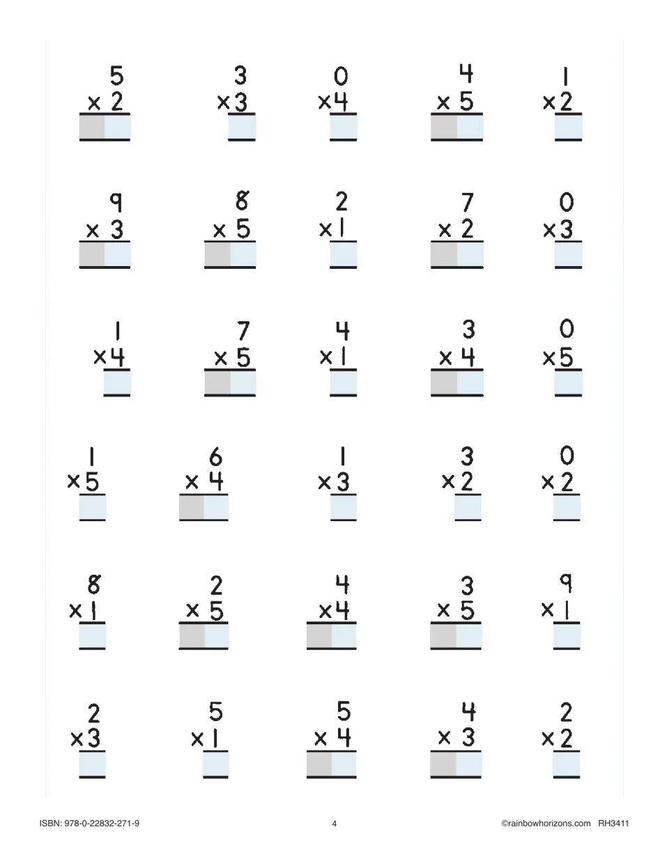 Vertical facts with factors 0 to 9 times 1 to 5: students find 30 products, starting 5 x 2, 3 x 3, 0 x 4, 4 x 5 and 1 x 2