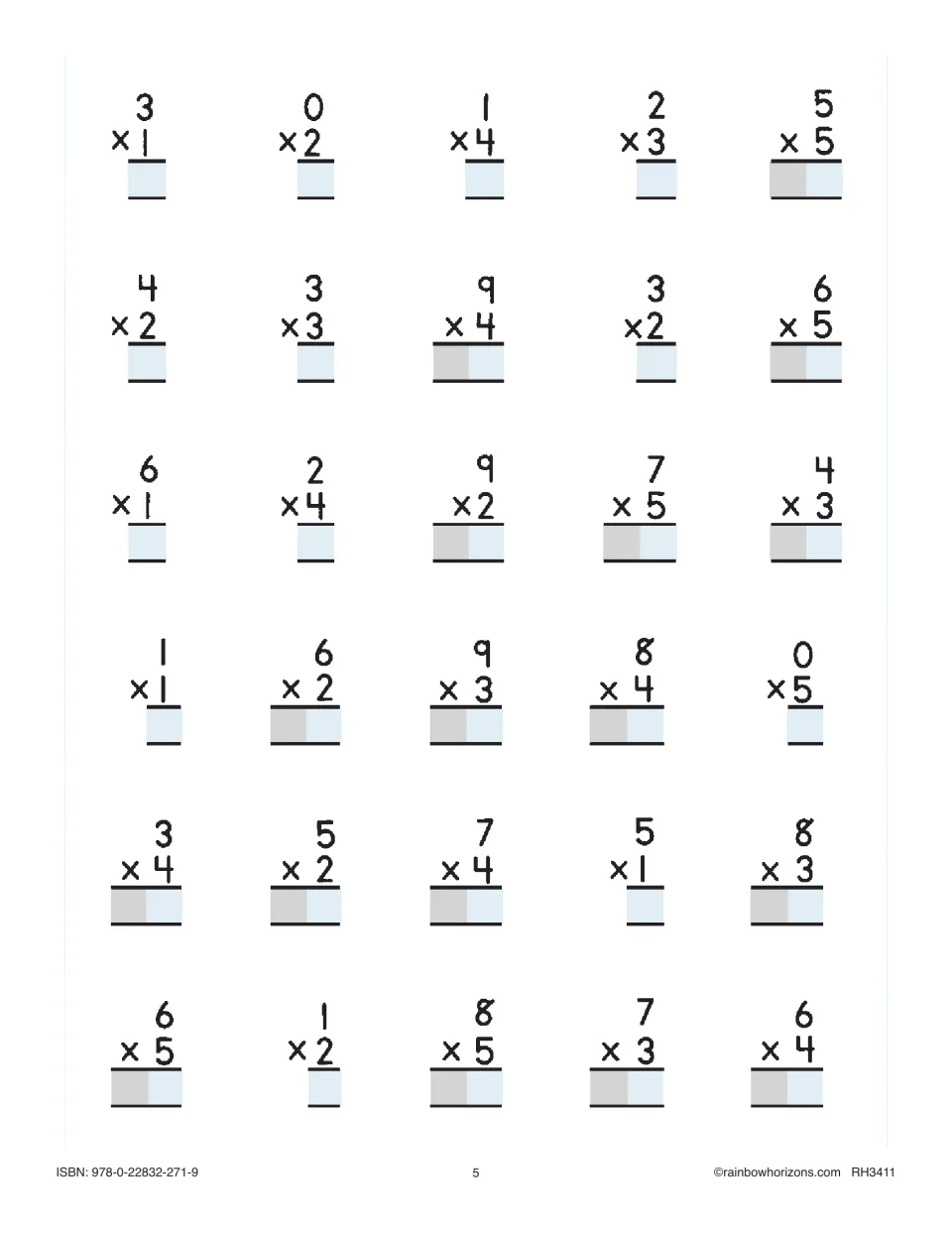 More vertical multiplication facts by 1 to 5: students write 30 products, from 3 x 1 and 0 x 2 through 7 x 3 and 6 x 4
