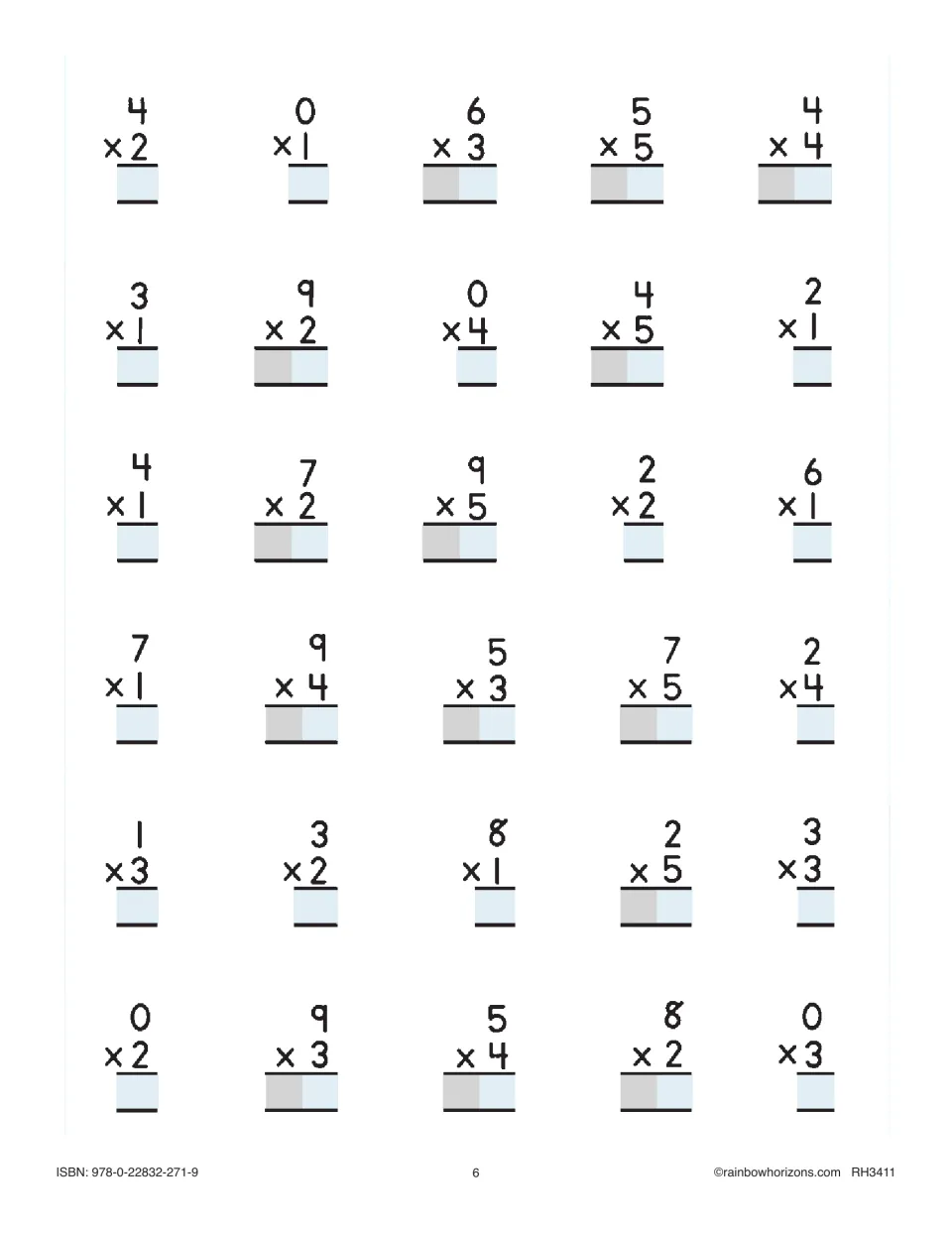 Vertical facts practice: 30 problems multiplying by 1 through 5, opening with 4 x 2, 0 x 1, 6 x 3, 5 x 5 and 4 x 4