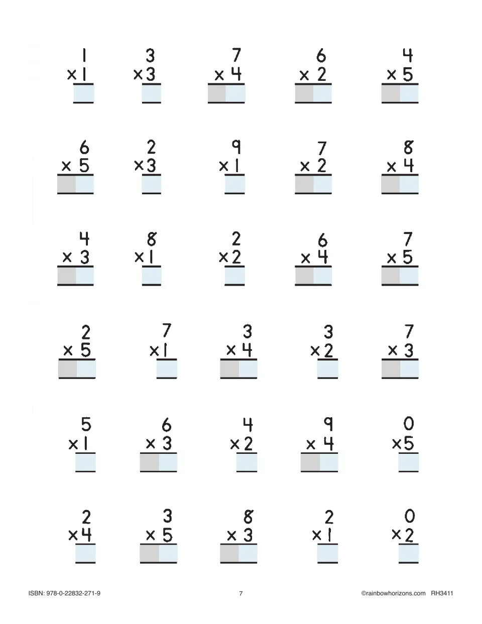 Vertical facts review with 30 problems by 1 through 5, beginning 1 x 1, 3 x 3 and 7 x 4, including zero facts like 0 x 5