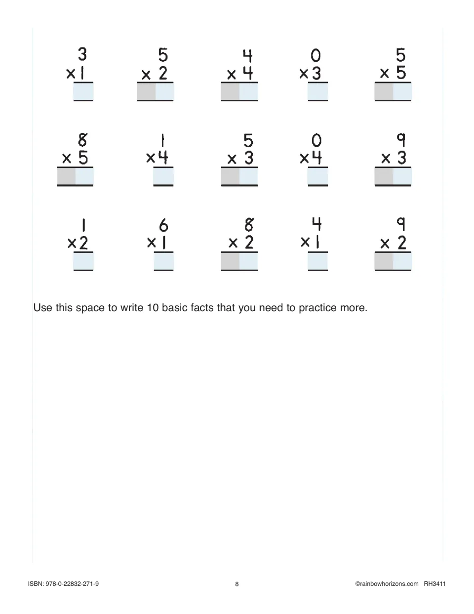 Final vertical facts set: students solve 15 problems by 1 to 5, then write 10 basic facts they need to practice more