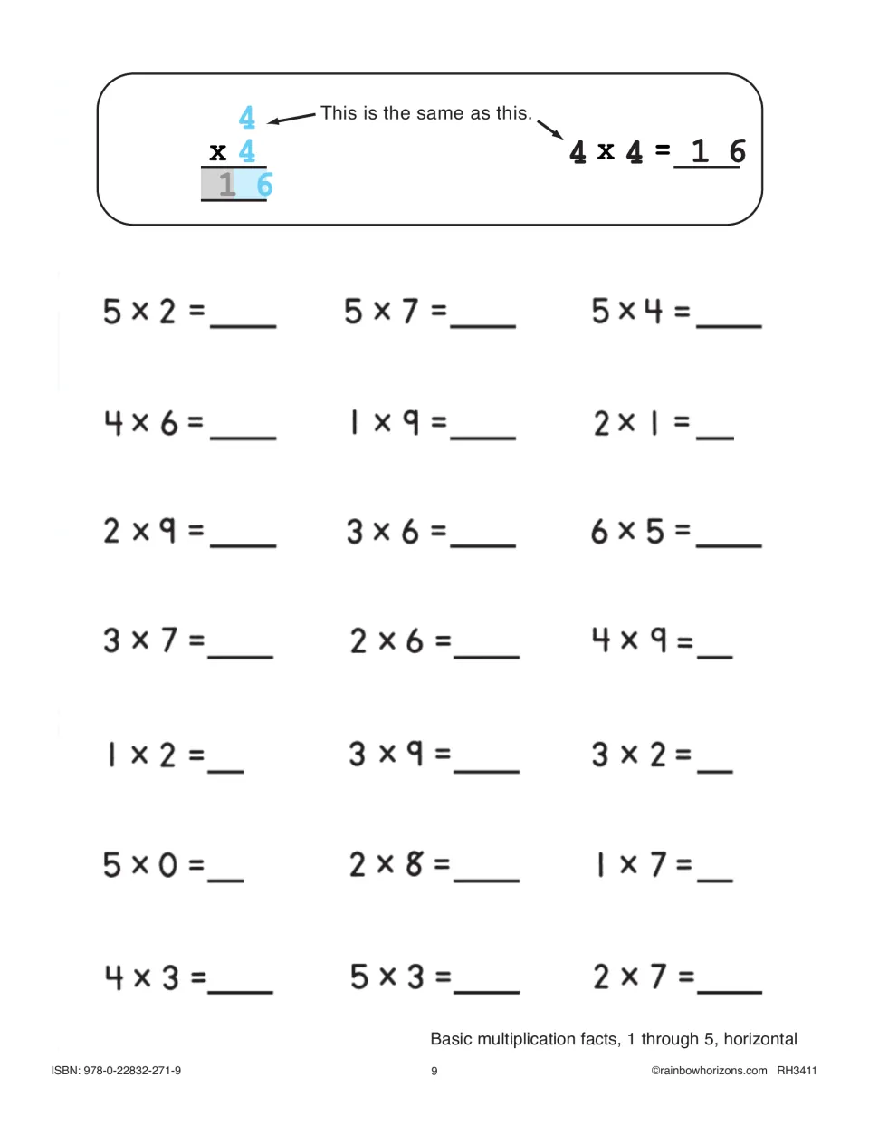 Horizontal facts 1 through 5: an example shows vertical 4 x 4 is the same as 4 x 4 = 16; students solve 21 equations