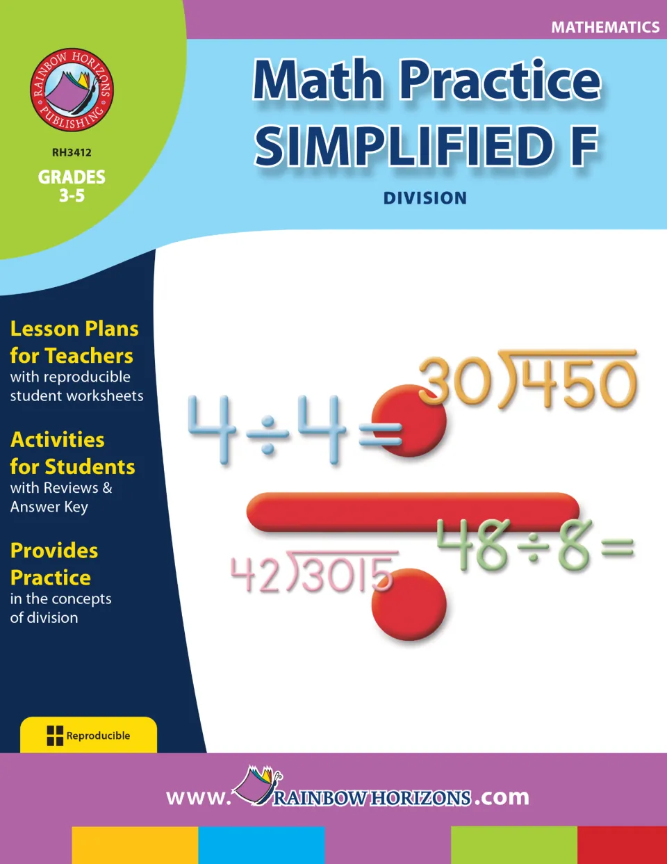 Math Practice Simplified F cover, Division, Grades 3-5: lesson plans, student worksheets, reviews and answer key
