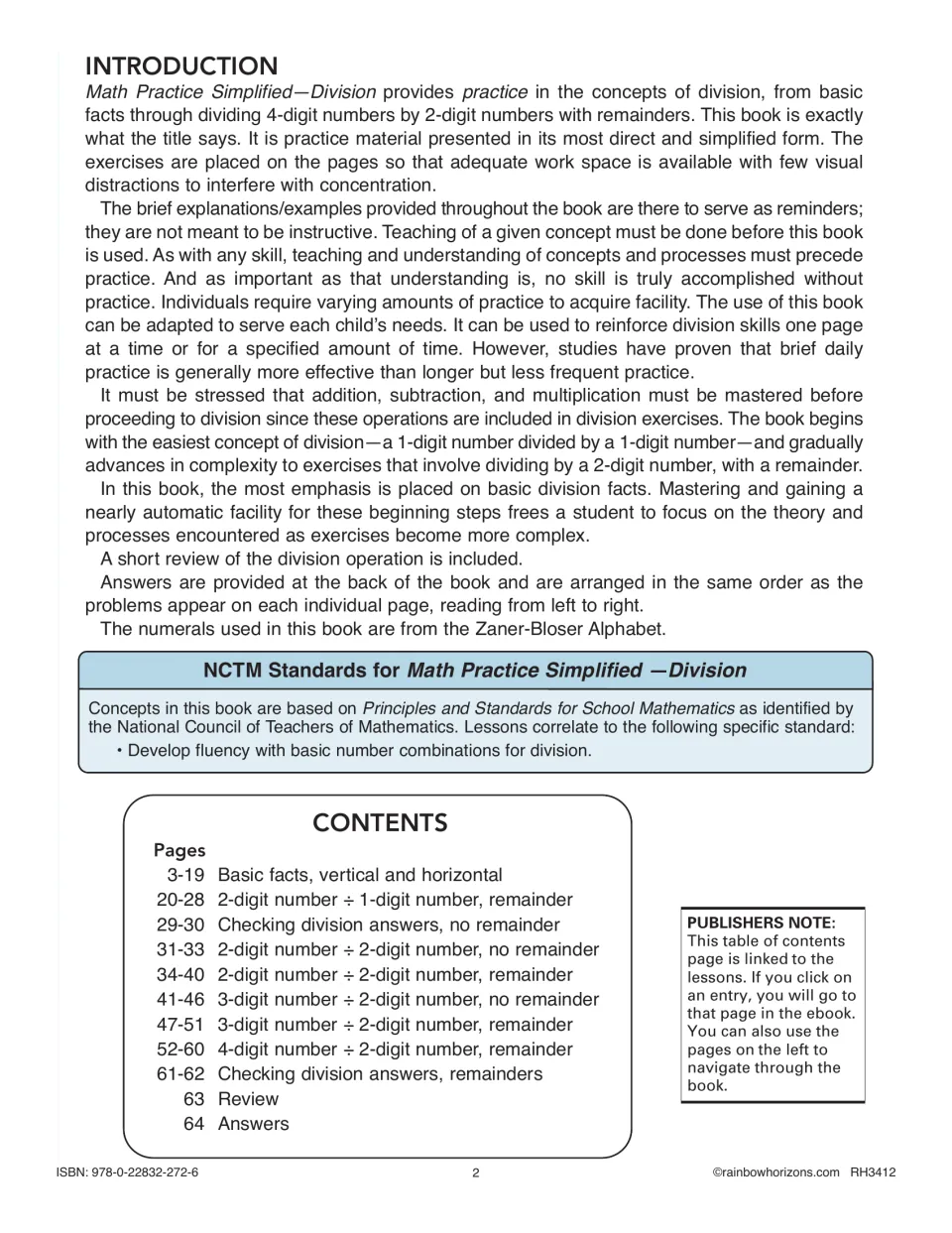 Introduction, NCTM division-facts standard and contents listing skills from basic facts to 4-digit ÷ 2-digit