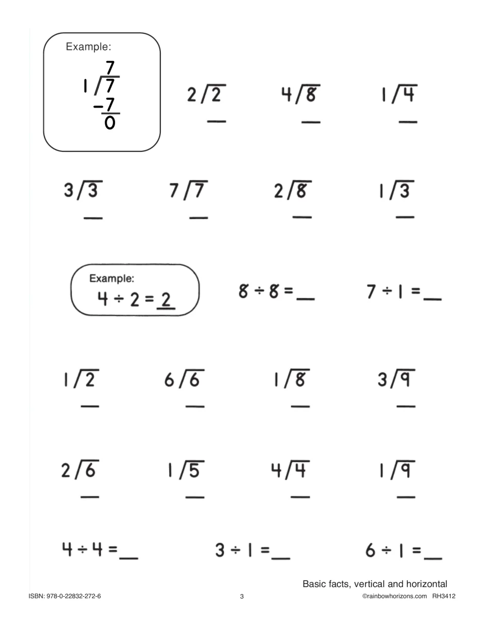 Basic division facts: students solve 1-digit by 1-digit problems in long-division and horizontal form, with two examples
