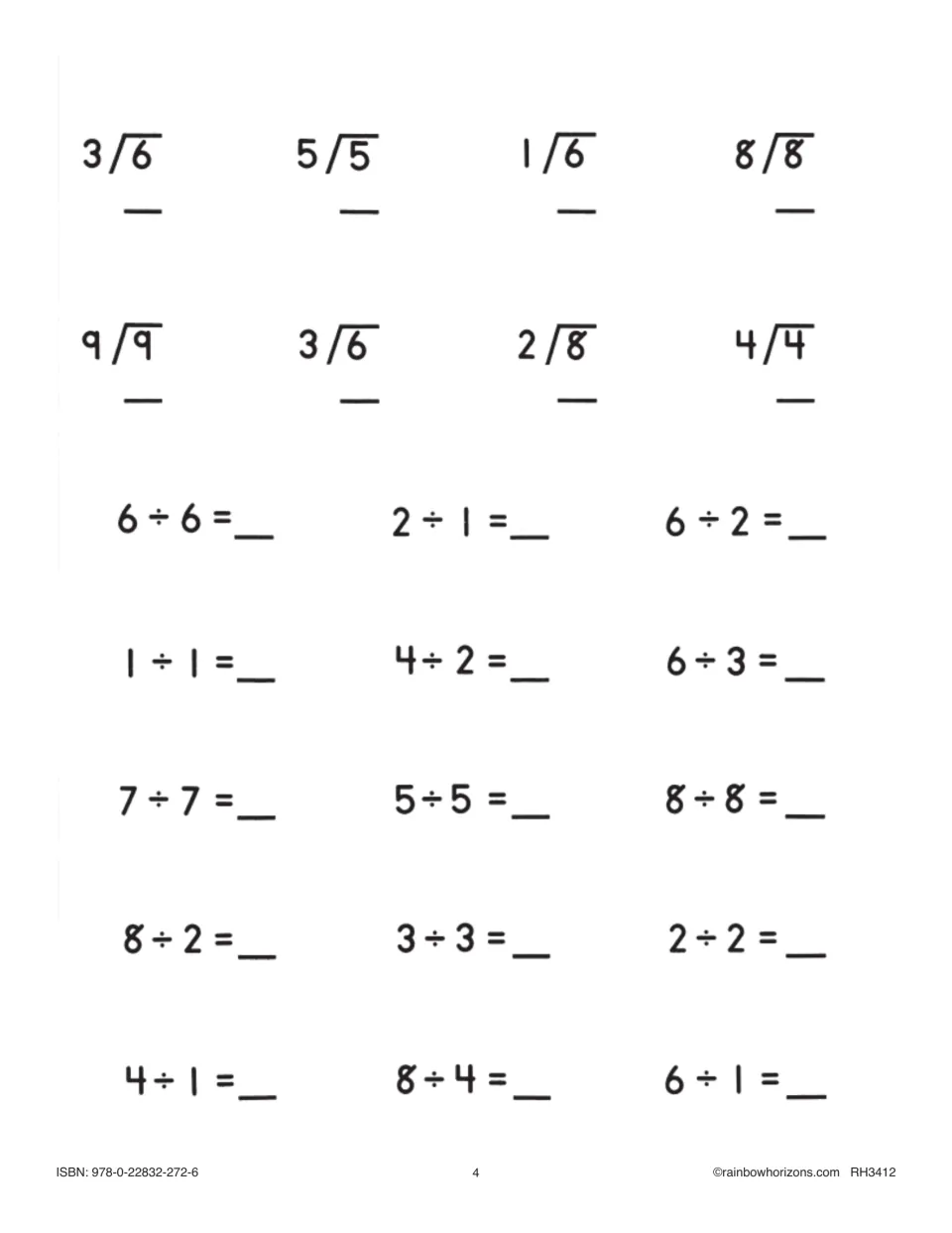 Division facts drill: students solve 8 long-division problems like 3)6 and 9)9 and 15 horizontal facts like 6 ÷ 2