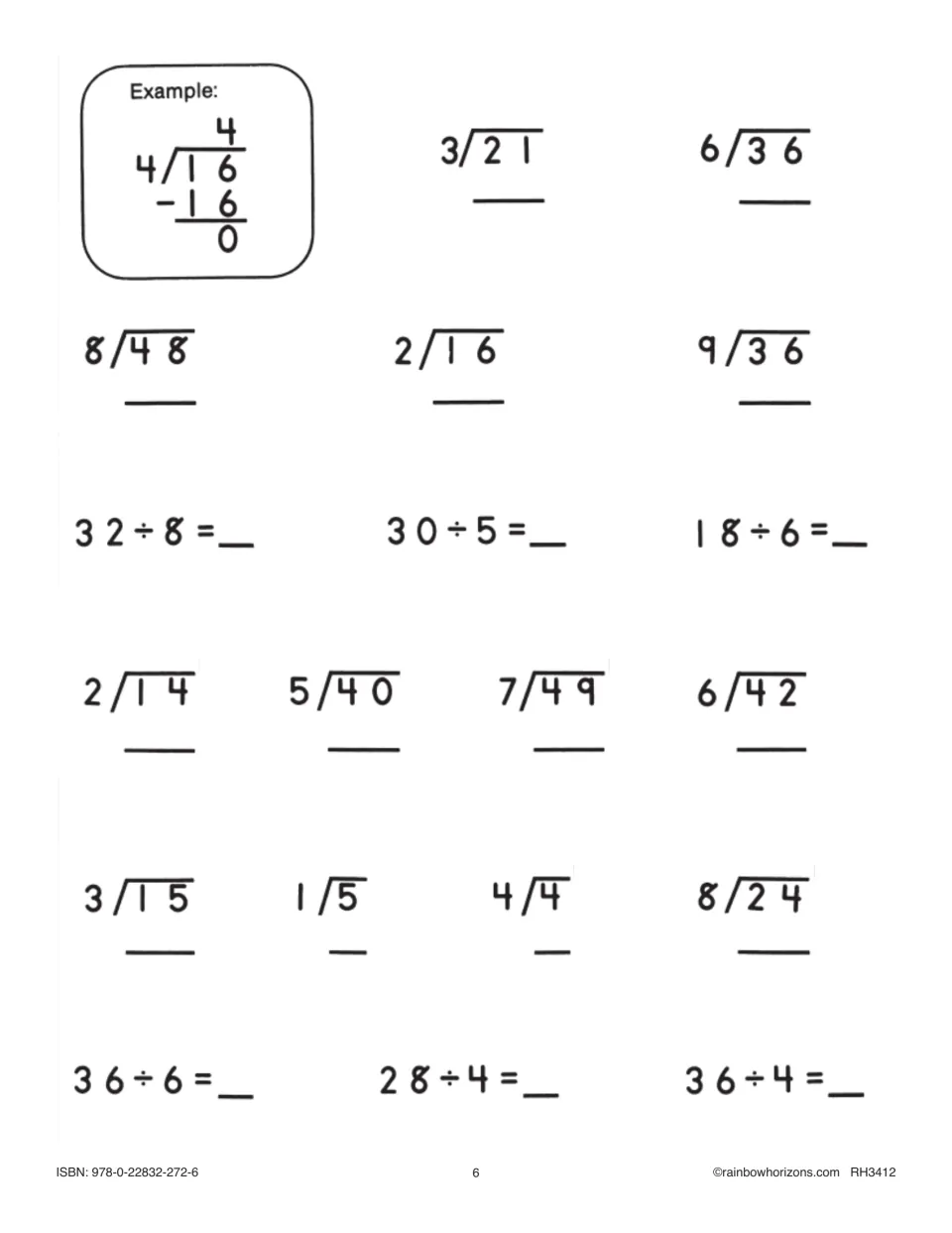 Division facts with 2-digit dividends: students solve problems like 3)21, 8)48 and 32 ÷ 8, following the example 4)16