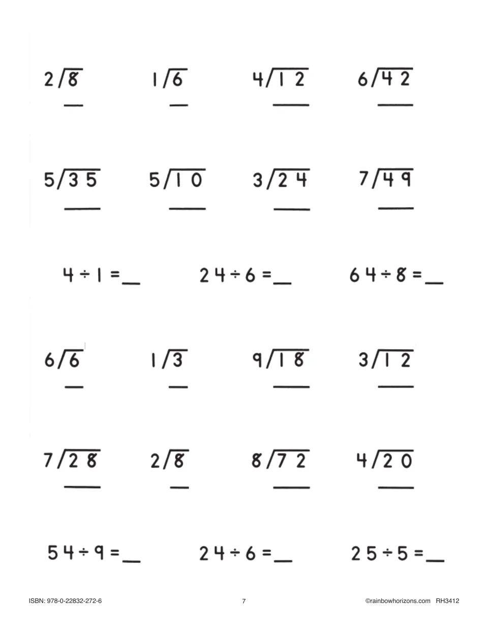 Mixed division facts: students solve 5)35, 8)72 and 7)28 in long-division form and horizontal facts like 64 ÷ 8