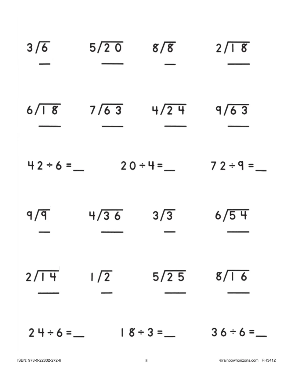 Division facts review: students solve 7)63, 9)63, 6)54 and 4)36 plus horizontal facts like 42 ÷ 6, 72 ÷ 9 and 18 ÷ 3