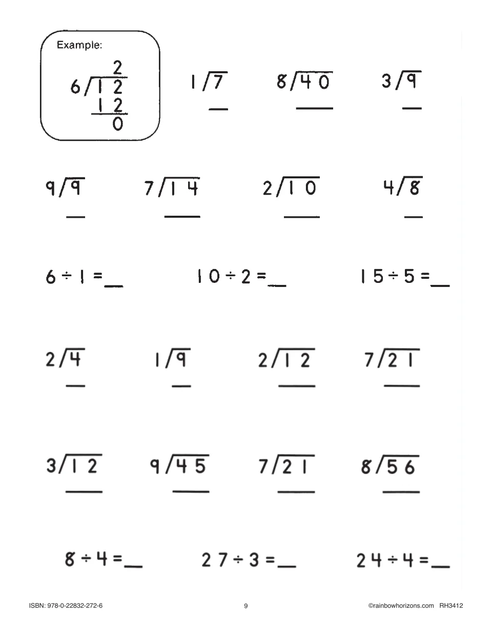 Basic division facts set: students solve 8)40, 9)45, 8)56 and facts like 27 ÷ 3 and 15 ÷ 5, with the worked example 6)12