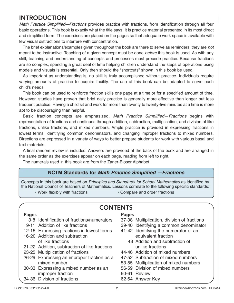 Introduction, NCTM standards and contents listing fraction practice from identifying numerators to dividing mixed numbers