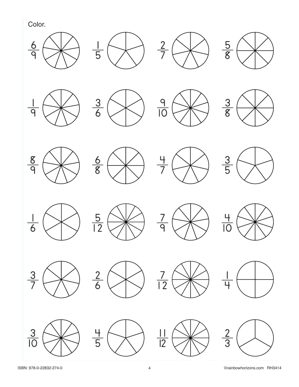 Fraction coloring: students shade 24 divided circles to show fractions such as 6/9, 5/12, 11/12 and 2/3