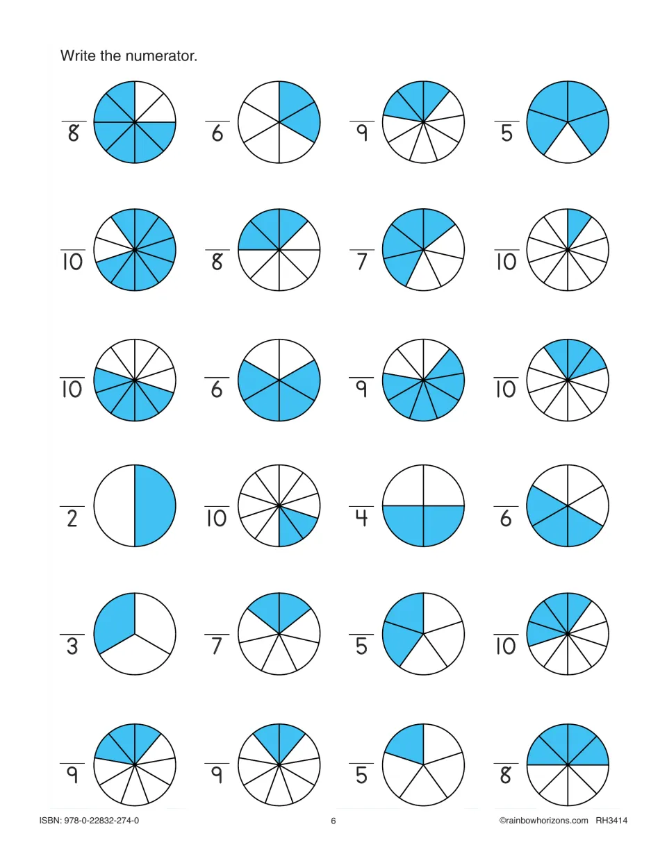 Numerator practice: students write the numerator for 24 partly shaded circles, counting blue parts over each denominator
