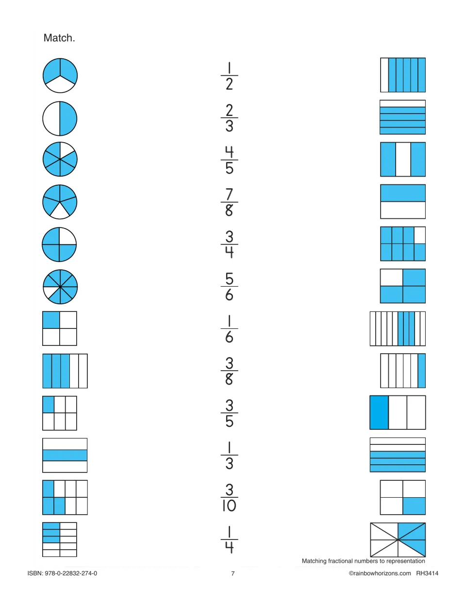 Matching fractions to models: students draw lines linking shaded circles and rectangles to fractions like 1/2, 3/8, 3/10