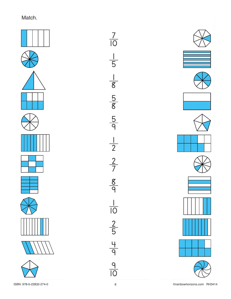 Fraction matching: students connect shaded shapes, including triangles, pentagons and bars, to fractions like 7/10 and 4/9