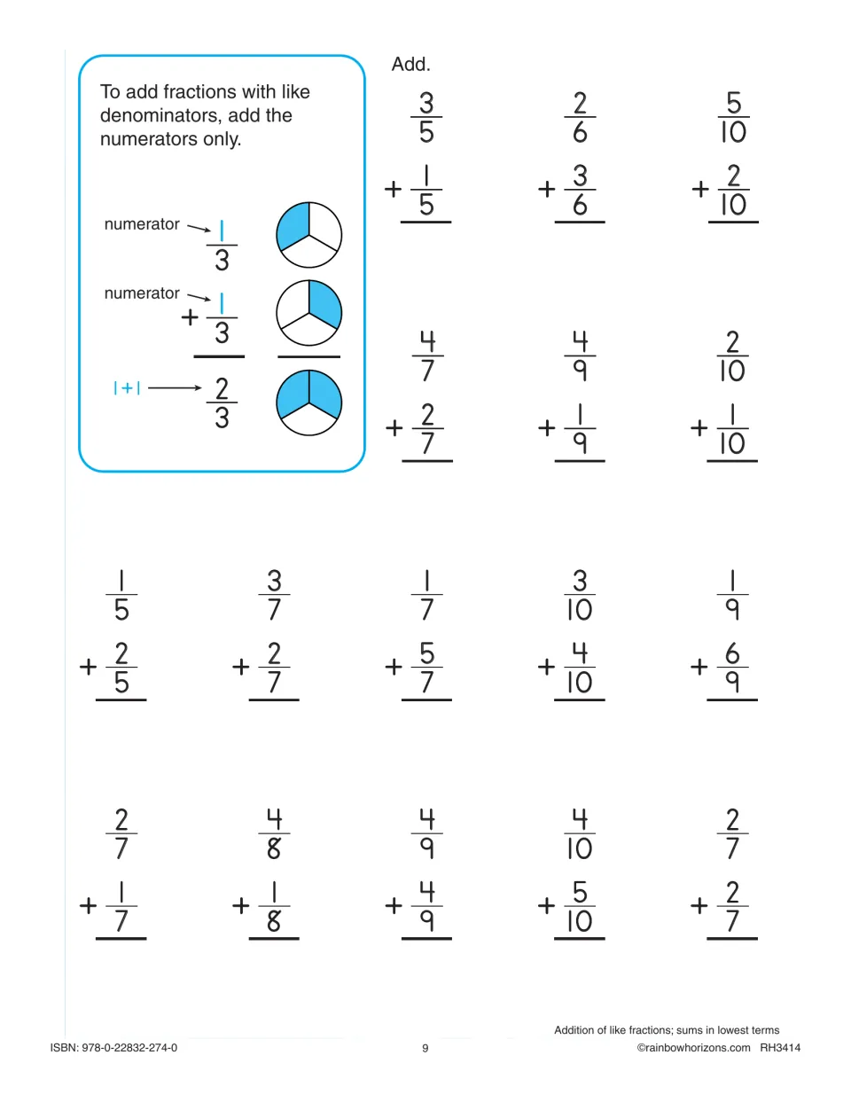 Adding like fractions: a reminder shows 1/3 + 1/3 = 2/3, then students solve 16 problems such as 3/5 + 1/5 in lowest terms