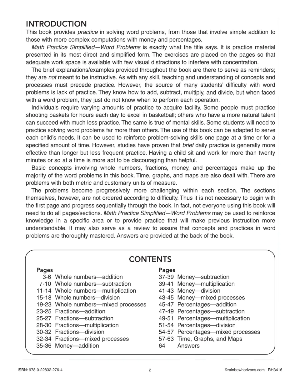 Introduction and contents: how to use the word problem practice, with a section list from whole numbers to time and maps