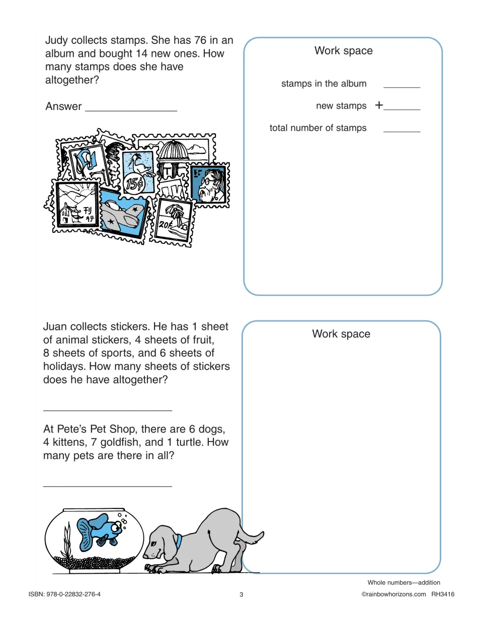 Whole number addition word problems: students total stamps, sticker sheets and pets, with a guided setup for the first