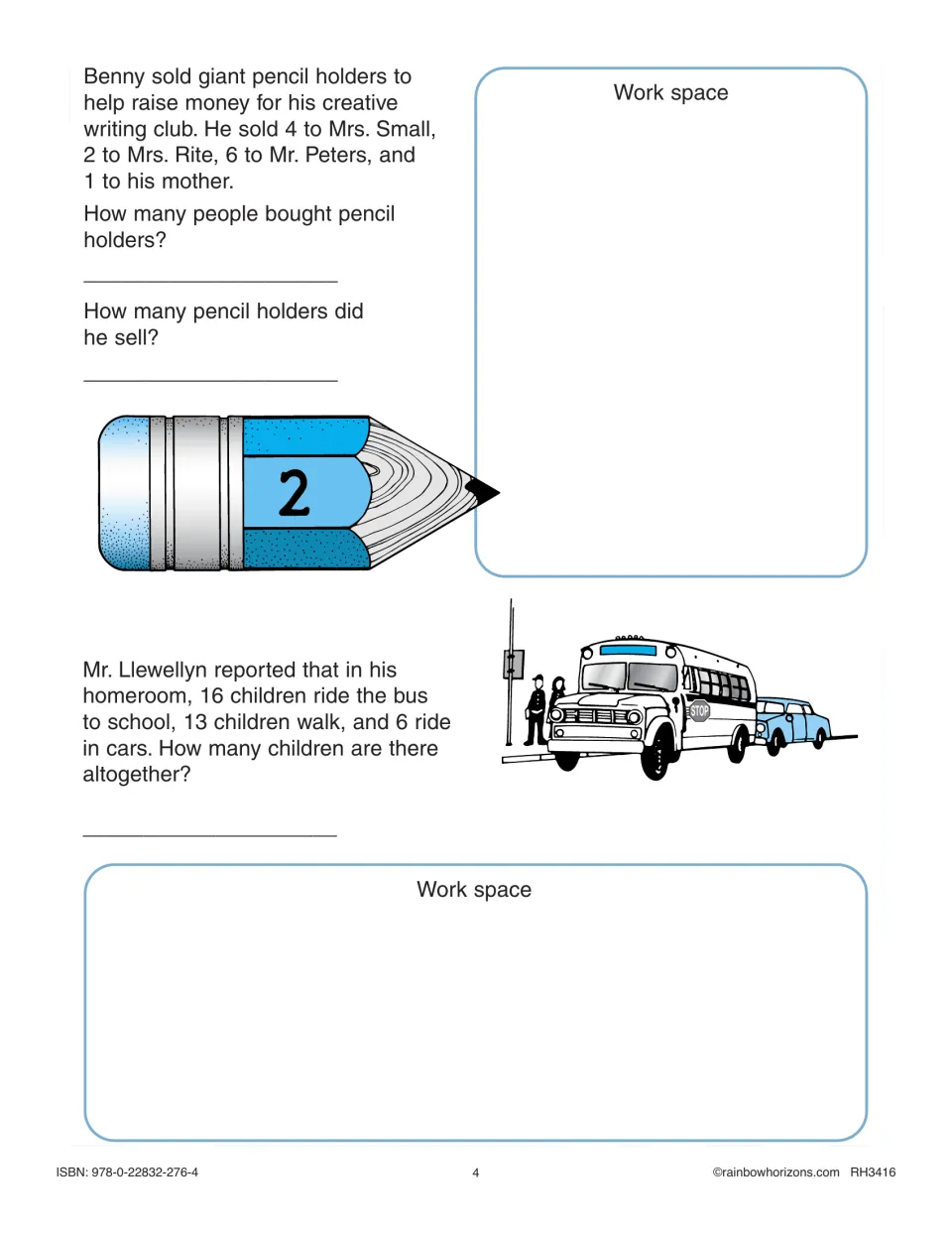 Addition word problems: students count pencil holders Benny sold and children who ride, walk or drive to school