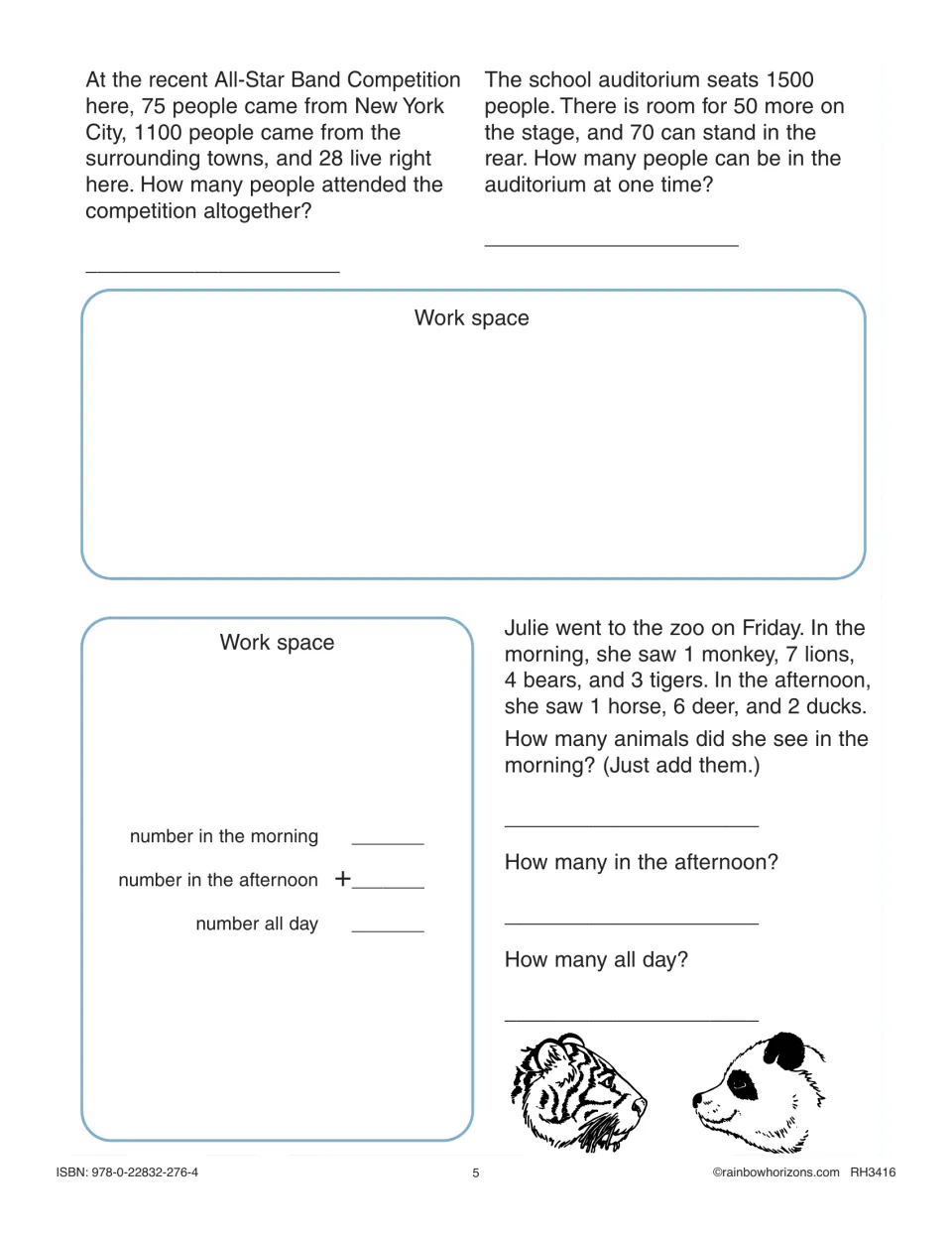 Addition word problems: students total band competition visitors, auditorium capacity and zoo animals Julie saw in a day