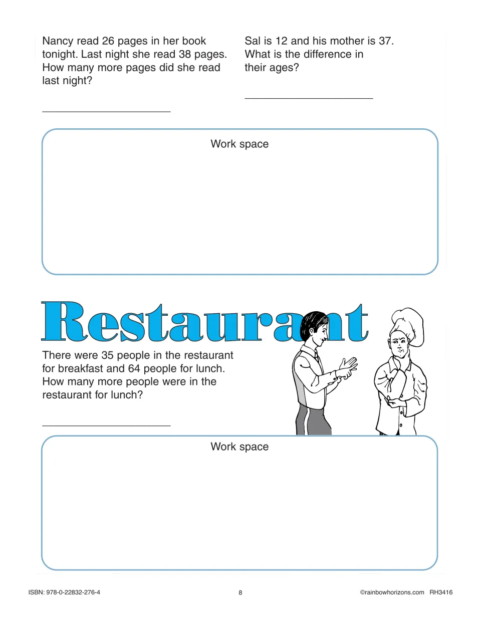 Subtraction word problems: students compare pages read, ages of Sal and his mother, and restaurant breakfast and lunch