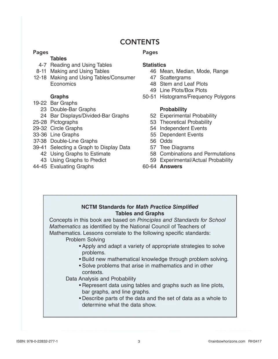 Contents listing tables, graphs, statistics, probability, and answer pages, plus related NCTM standards