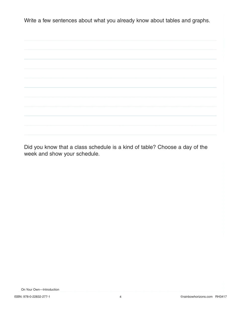 Opening activity asking students to explain what they know about tables and graphs and show a daily schedule