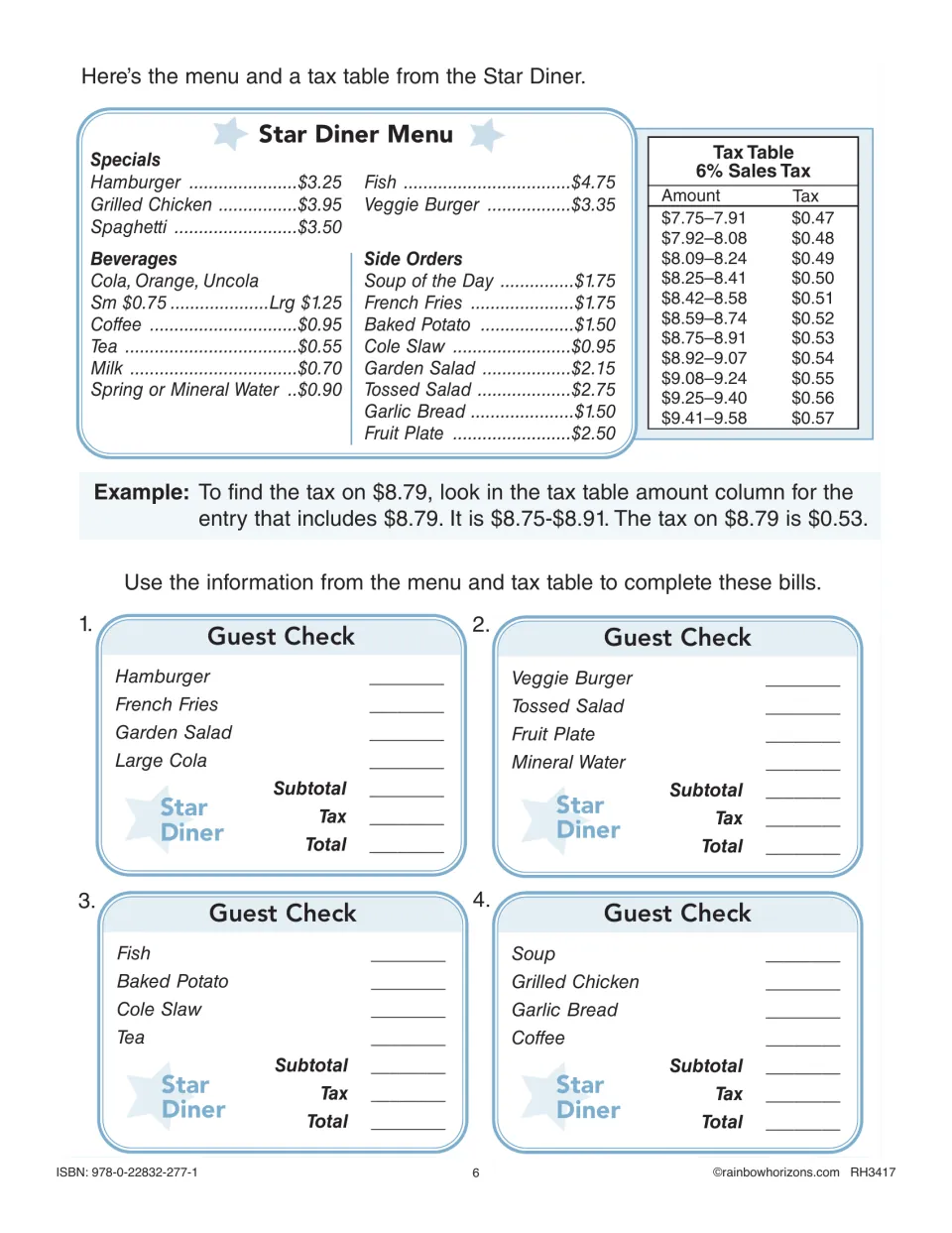 Table-reading practice using the Star Diner menu and a 6% sales tax table to complete four guest checks