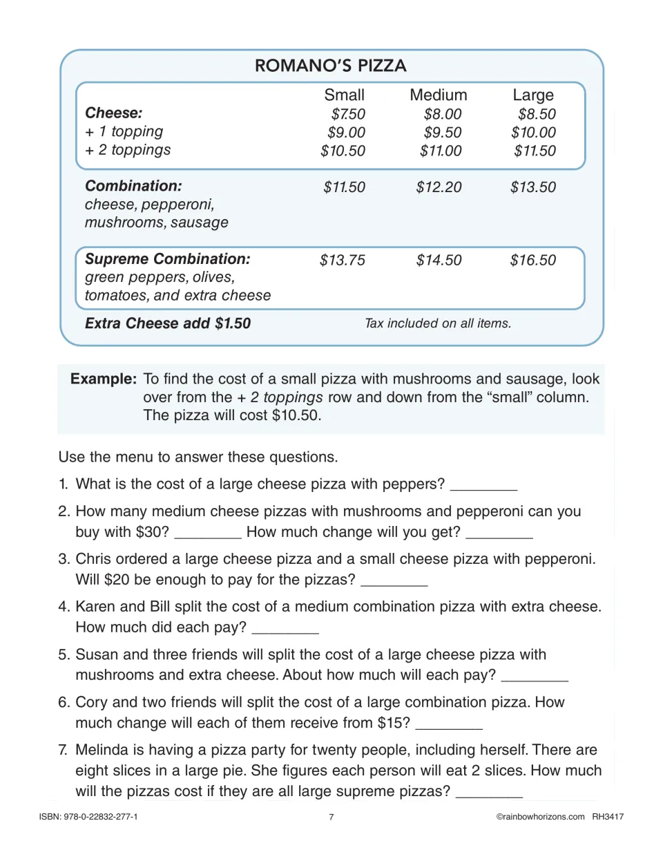 Table-reading practice using Romano’s Pizza prices to answer seven questions about costs and sharing bills