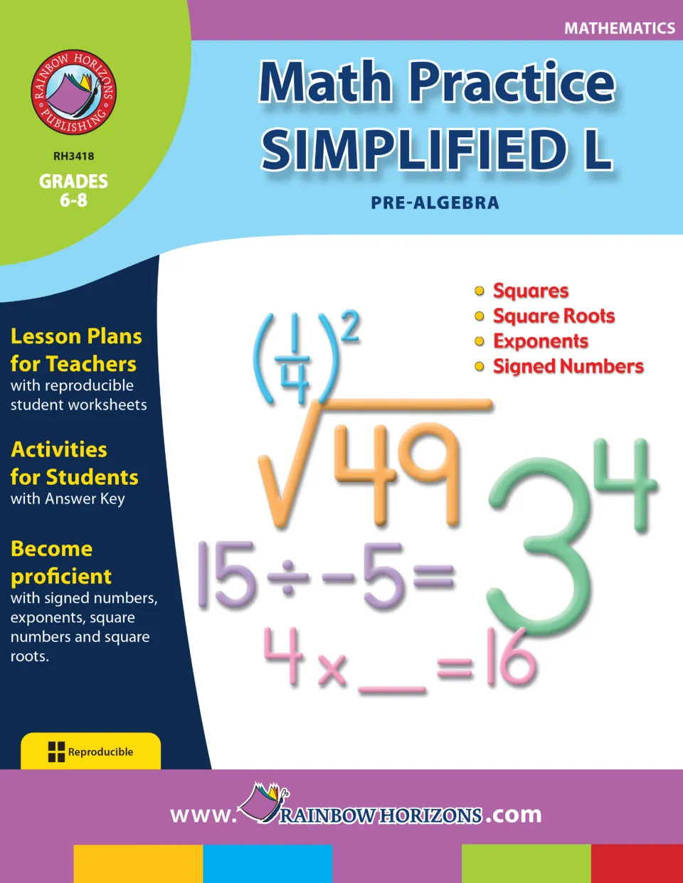 Pre-Algebra practice book cover listing squares, square roots, exponents and signed numbers, with answer key