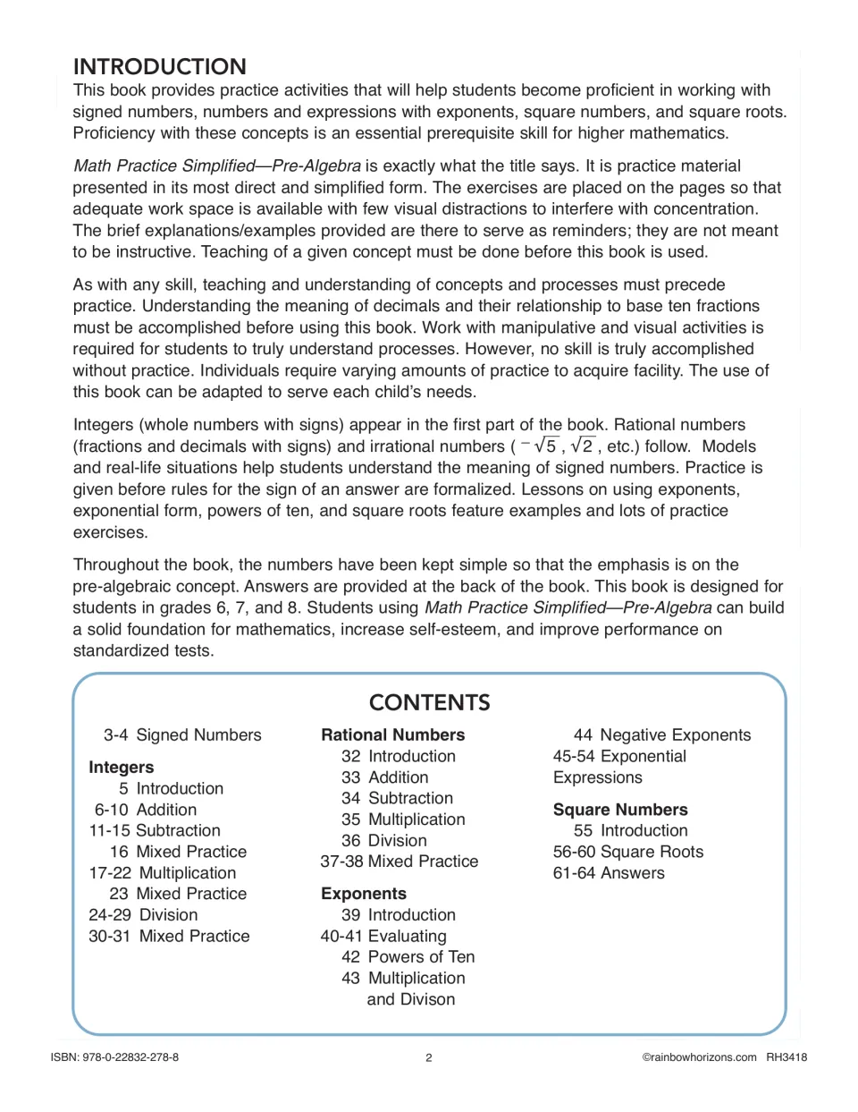 Introduction and contents: integers, rational numbers, exponents, square numbers and square roots, with page ranges