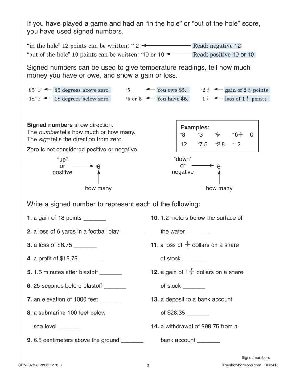 Signed numbers: after examples of gains, losses and temperatures, students write a signed number for 14 situations