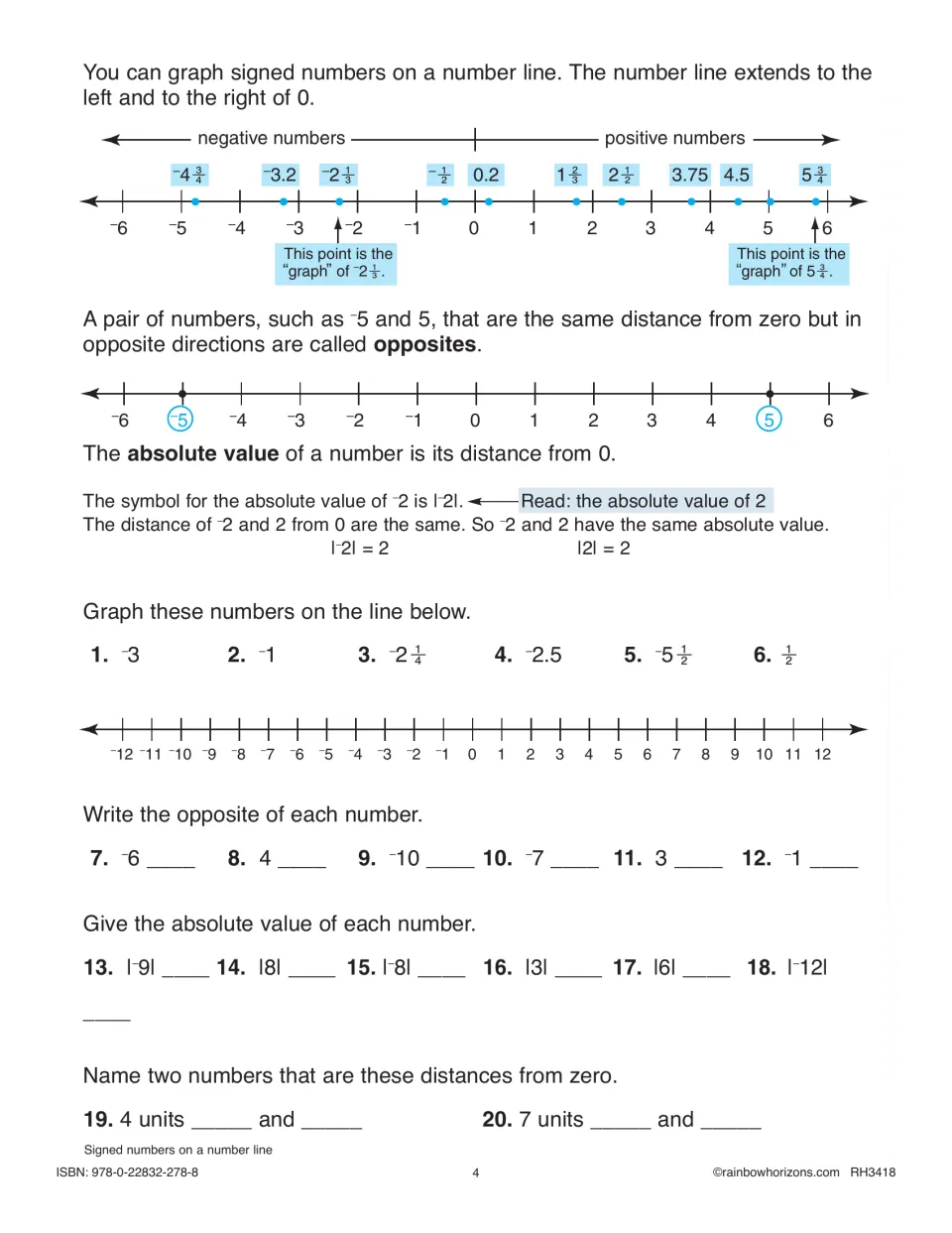 Signed numbers on a number line: students graph 6 values, write opposites, give absolute values and name equal distances