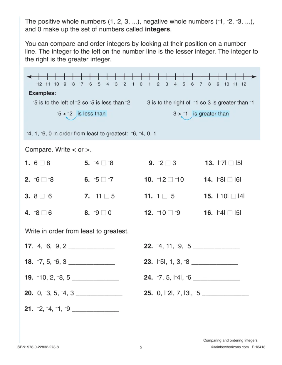 Comparing and ordering integers: students write < or > for 16 pairs, then order 9 integer sets from least to greatest