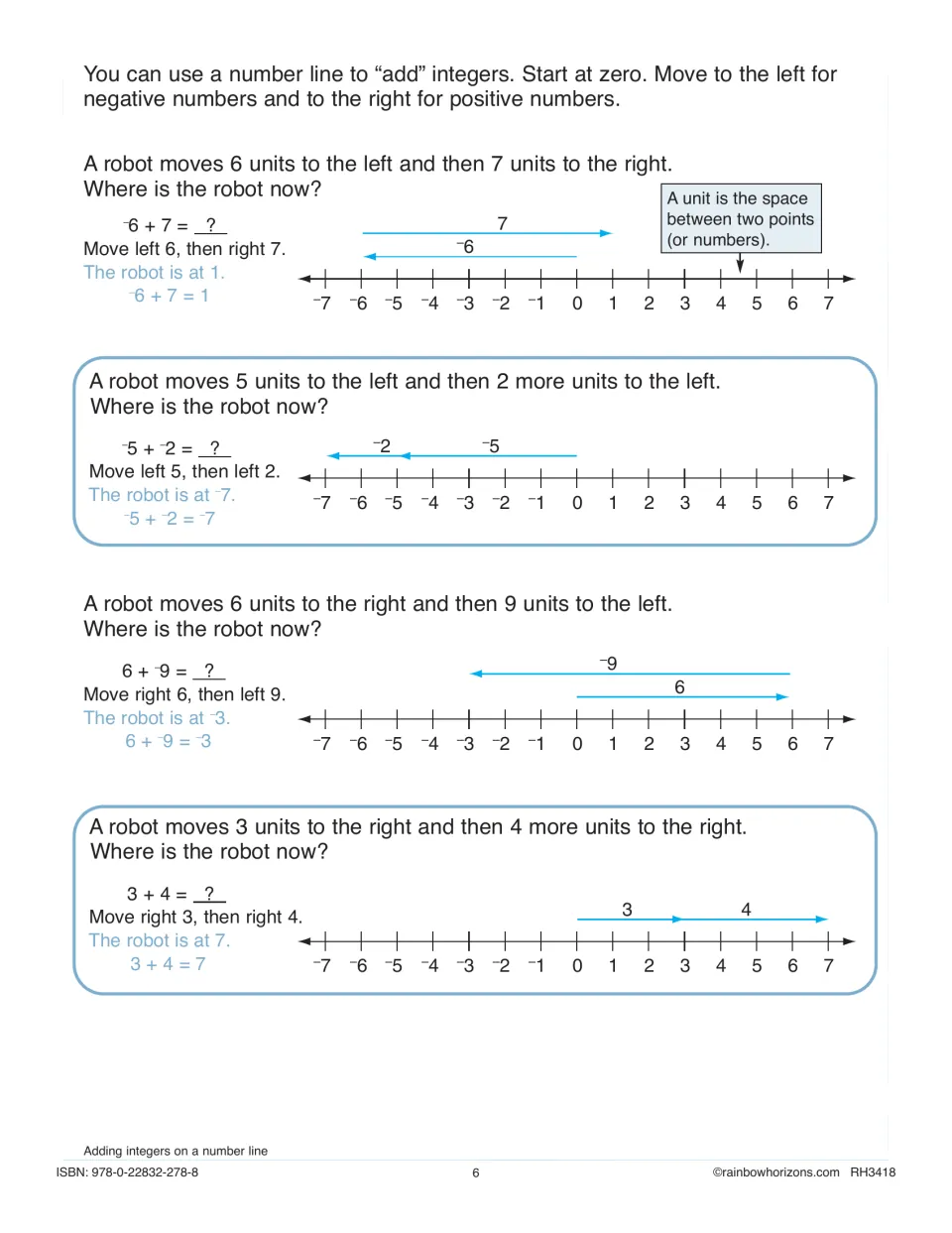 Adding integers on a number line: four worked robot-movement examples such as -6 + 7 = 1 shown with arrows