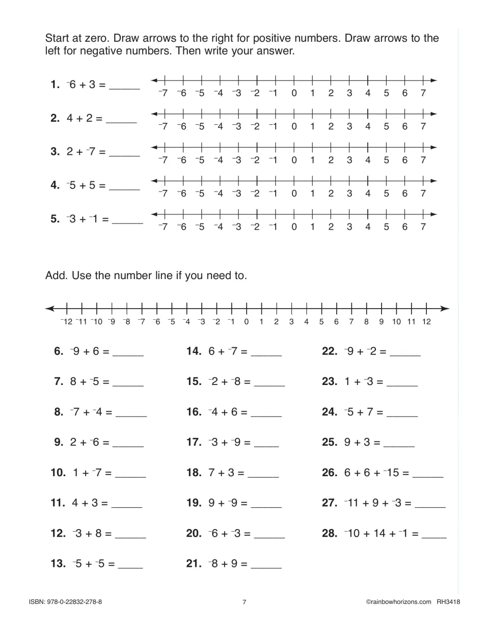 Integer addition: students draw arrows on number lines for 5 sums, then add 23 more problems such as -9 + 6