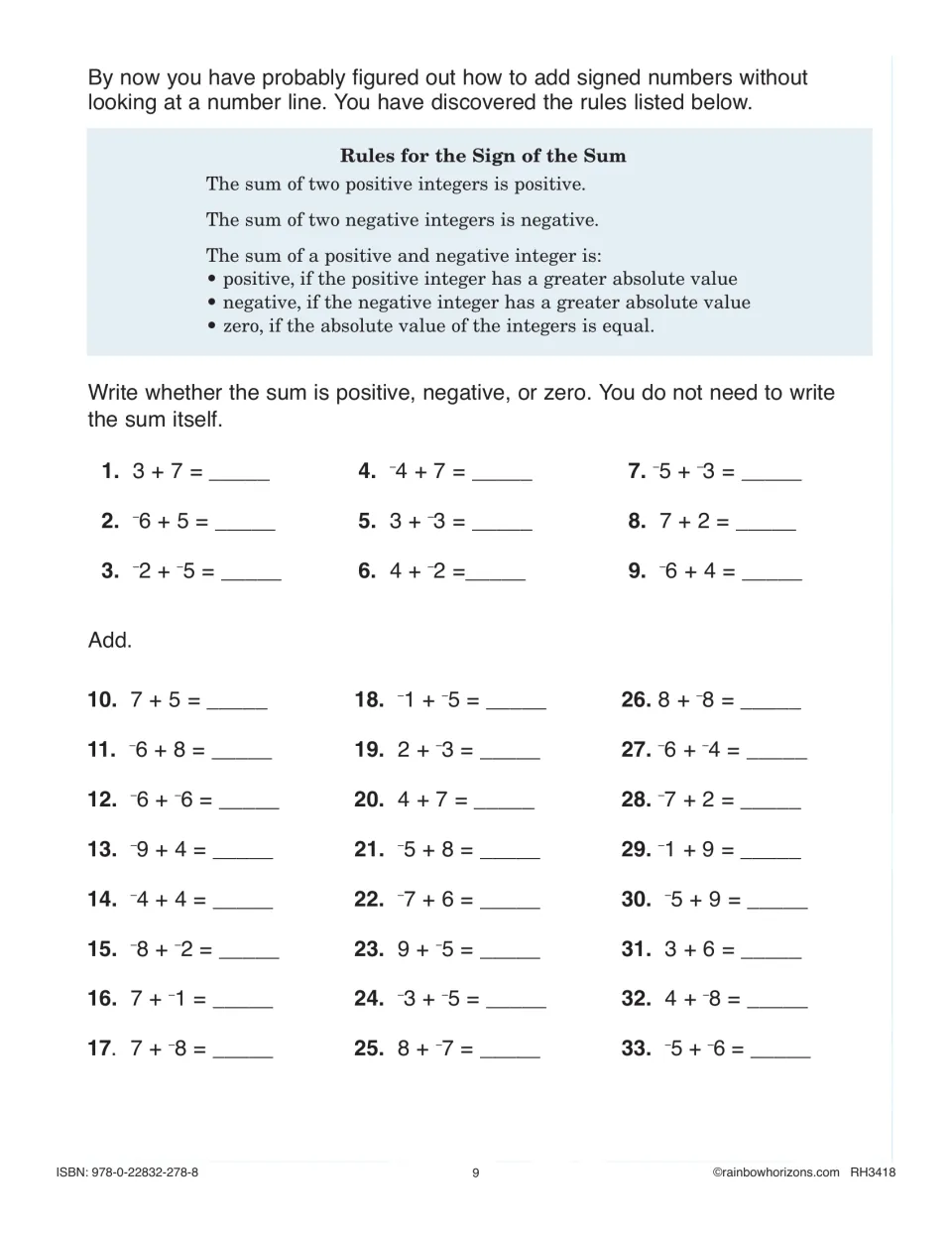 Rules for the sign of the sum: students predict if 9 sums are positive, negative or zero, then add 24 integer pairs