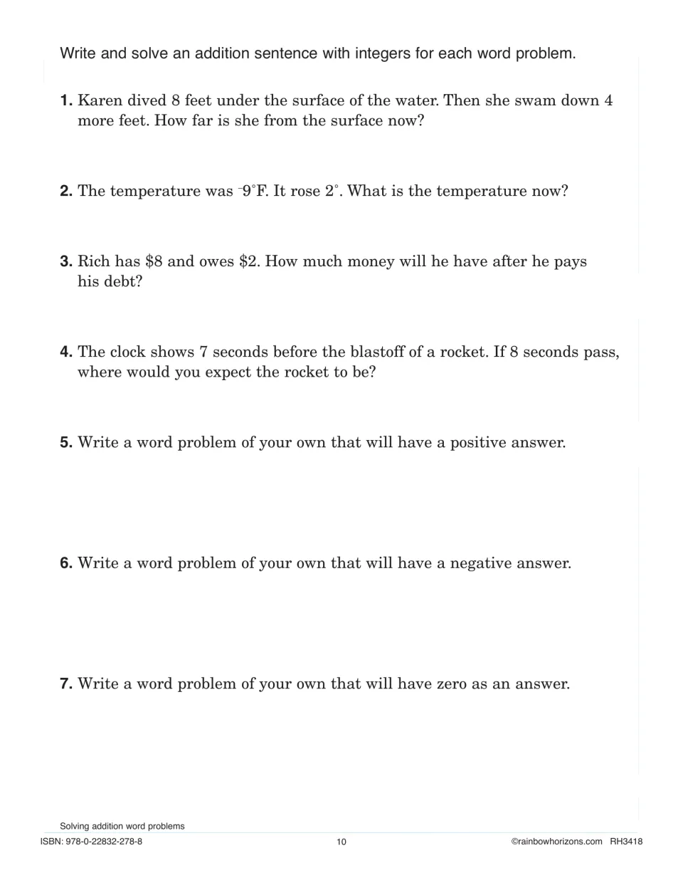 Integer addition word problems: students solve diving, temperature, debt and rocket items, then write 3 of their own