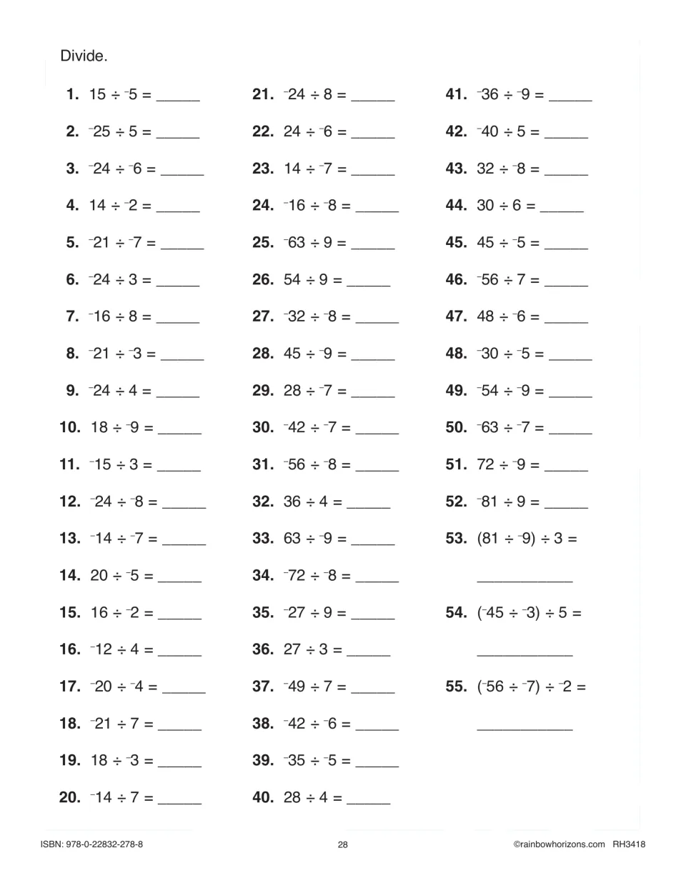 Dividing integers: students solve 55 problems such as 15 ÷ -5, ending with three two-step division expressions