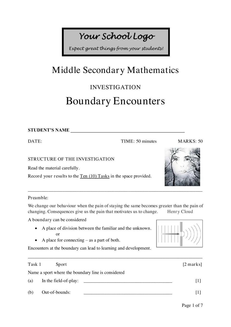 Boundary Encounters investigation opener: 50-minute, 50-mark test intro, boundary preamble and Task 1 on sport boundaries
