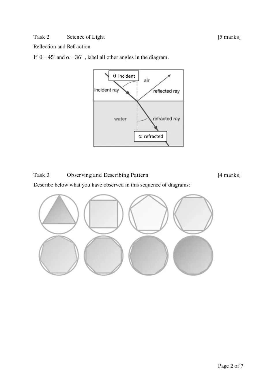 Light and pattern tasks: students label angles on a reflection and refraction diagram, then describe polygons inside circles